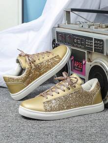 闪亮金色女士休闲滑板鞋，时尚优雅的运动休闲运动鞋，适合派对、度假、通勤，是节日的多功能礼物