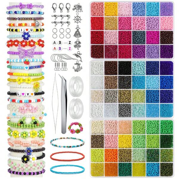 Kit de fabricación de joyas de pulsera con cuentas de vidrio de 72 colores y 3 mm, surtido de cuentas para hacer collares, anillos y joyas para adultos, regalo de cumpleaños, utilizado para hacer manualidades de joyería DIY