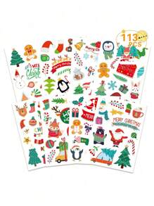 113pcs Christmas Stickers, Cute Christmas Decoration Stickers Featuring Snowman, Christmas Tree And Santa Claus, Suitable For Notebooks, Backpacks, Desktops And Windows, Christmas Decoration Window Stickers