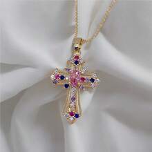 Cross Necklace For Women Faith Cross Pendant Necklaces Colorful Crystal Cubic Zirconia Rhinestone Birthday Religious Jewelry Gift For Teen And Ladies - Gold - View 3