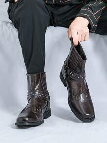 2025 新款复古设计师男士 Chukka 靴高帮西部风格靴男士侧拉链纯皮靴舒适防滑耐磨鞋底绅士社交商务正装鞋日常办公室派对男士休闲鞋情侣约会浪漫晚餐节日礼物返校学生鞋学院风，请选择大一码 - 棕色 - 查看 7