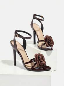 女士尖头高跟漆皮花卉棕色套脚高跟凉鞋，性感、时尚、优雅、舒适、高端，适合聚会、宴会、婚礼等场合，棕色高跟鞋，春夏装扮。 - 棕色 - 查看 5