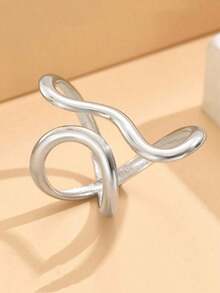 1pc Fashionable Asymmetrical Wavy Curve Stainless Steel Adjustable Open Ring For Women, Daily/Party Wear - 銀色 - 查看 2
