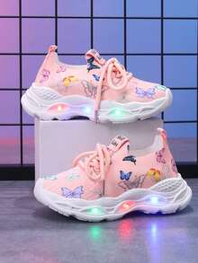 MGO Kidss Dziecięce buty sportowe MGO z nadrukiem motyli i świecącą diodą LED Princess, dziewczęce trampki sportowe, buty do biegania, codzienne buty sportowe, tenisówki, oddychająca dzianina, odpowiednie dla dziewczynek w wieku 1-6-9 lat, wiosna/jesień