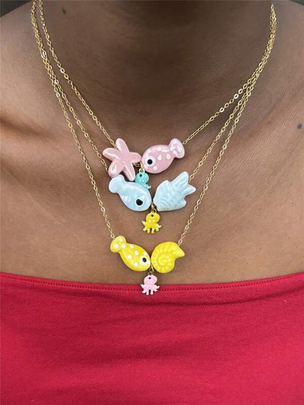 1pc Handmade Ceramic Fish Starfish Asymmetrical Stone Beaded Rope Necklace For Women, Everyday, Travel, Party Accessory