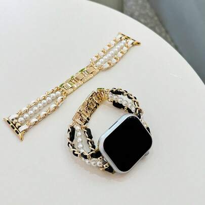 1pc Bands For Compatible With Apple Watch 38mm 40mm 42mm 44mm 41mm 45mm 46mm 49mm Ultra Watch Series 10 9 8 7 6 5 4 3 2,Black Pearl Leather Bracelet Wristband Strap For Women Apple Watch Band