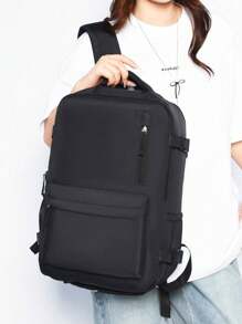 背包男女通用旅行包大容量夏季度假包，多隔层可容纳鞋子，带 USB 端口的多功能包，适合商务旅行、旅行、露营、笔记本电脑包，实用尼龙纯色简约时尚书包 - 黑色 - 查看 9