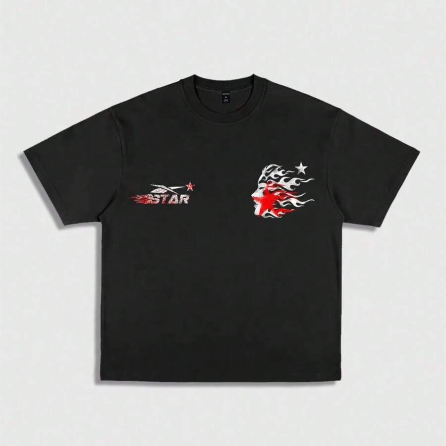 Comfortable Summer 2025 New Pure Cotton T-Shirt 1PC Hells Star Print Men's Round Neck Short-Sleeved Cotton T-Shirt Casual Summer Short-Sleeved Women - Black - View 1