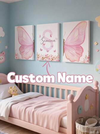 3Pcs Butterfly Optional Frame Personalized Name Custom Art Alphabet Painting Poster Prints Flowers Wall Art Heart Painting Pictures Living Room Decoration Wall Pictures Nursery Wall Posters Girls Bedroom Decor,Floral,Home Harmony,Home & Living,Haunt Your Home, Autumn Home Refresh, Scandinavian Cozy Home, Warm Ambience