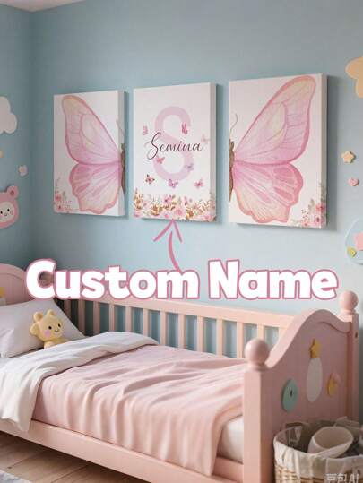3Pcs Butterfly Optional Frame Personalized Name Custom Art Alphabet Painting Poster Prints Flowers Wall Art Heart Painting Pictures Living Room Decoration Wall Pictures Nursery Wall Posters Girls Bedroom Decor,Floral,Home Harmony,Home & Living,Haunt Your Home, Autumn Home Refresh, Scandinavian Cozy Home, Warm Ambience