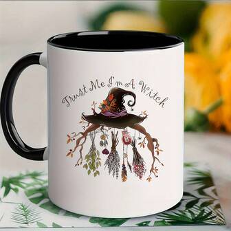 1pc11oz 万圣节神秘女巫陶瓷杯咖啡杯，魔法帽和草药图案，饮用水的神秘仪式感，是个人使用或作为礼物赠送、圣诞节或生日礼物的不错选择。