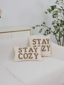 1pc/2pcs "STAYCOZY" Letter Phrase Pillow Cover, Double-Sided Chenille Fabric, Nordic Style Flocked Embroidery, Suitable For Bedroom, Living Room, Outdoor Garden, Holiday Party Decoration, Without Pillow Insert, 30*50cm, 45*45cm