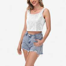 Women's Sequin Square Neck Tank Top With Sleeveless Design And Cropped Fit - Silver - Silver - View 3