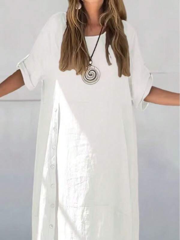 Vestido de tela tejida con abertura en el bajo, unicolor, conservador y casual, adecuado para fiestas y uso diario a nivel mundial