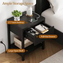 GIKPAL Fluted Nightstand With Charging Station Set Of 2 - Boho Bedside Table For Bedroom, Drawer + Open Shelf, White Modern Night Stand With USB/Type-C Ports, Black - Xem 5