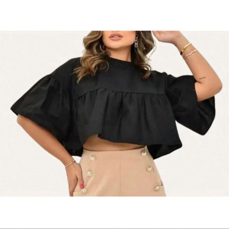 Women's Cropped Wide Ruffled Blouse - Black - View 1