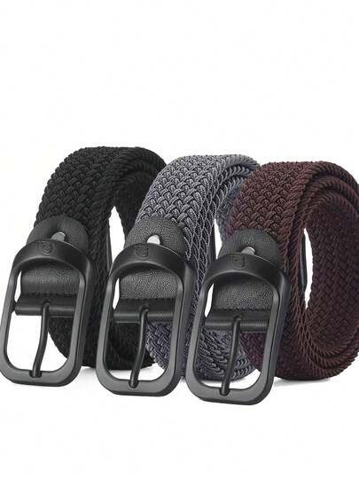 3条装免打孔弹力编织帆布腰带，男士百搭，腰带可调节，适合学生秋季、万圣节、秋冬季配饰，也适合青少年、青年、男士，休闲、户外、运动、度假、毕业礼物、生日礼物、日常穿着。