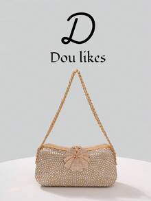 1pc New Luxury Chain Strap Rhinestone Embellished Clutch Bag, Floral Design Handbag, Beaded Evening Purse, Suitable For Women, Especially For Formal Occasions Like Gala, Wedding, Party, Also Can Be A Great Gift For Her