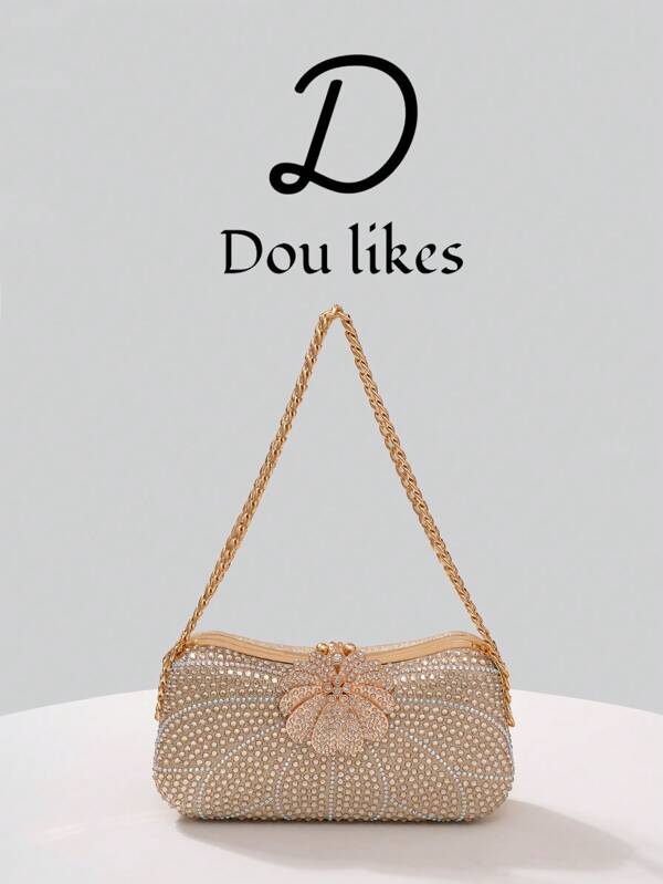 1pc New Luxury Chain Strap Rhinestone Embellished Clutch Bag, Floral Design Handbag, Beaded Evening Purse, Suitable For Women, Especially For Formal Occasions Like Gala, Wedding, Party, Also Can Be A Great Gift For Her