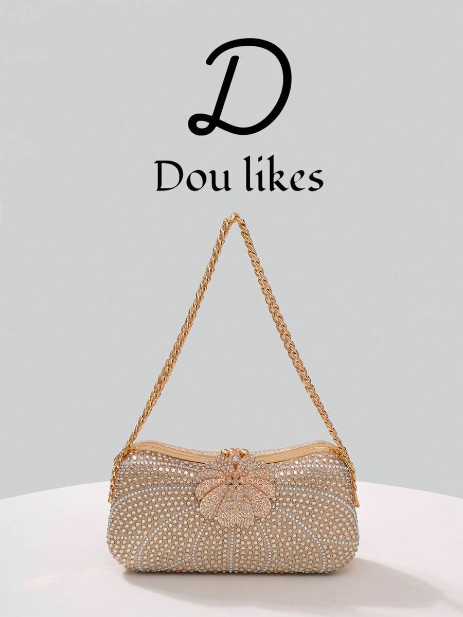 1pc New Luxury Chain Strap Rhinestone Embellished Clutch Bag, Floral Design Handbag, Beaded Evening Purse, Suitable For Women, Especially For Formal Occasions Like Gala, Wedding, Party, Also Can Be A Great Gift For Her