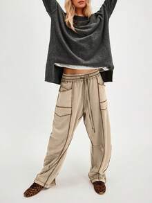Women's Casual Cylinder Pants Wide Leg Casual Drawstring Sweatpants With Pockets - Khaki - View 5