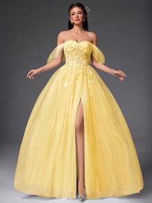 VIPGIRL Váy dạ hội trễ vai bằng vải tuyn màu vàng có đính vải, váy dạ hội chữ A hở vai, váy dạ hội công chúa cho nữ, tiệc tốt nghiệp, tiệc dạ hội, khách dự tiệc cưới - Màu vàng - Xem 4