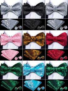 1 Pc Groomsmen 3‑Piece Set (Bow Tie + Pocket Square + Cufflinks) – Vintage Paisley Wedding Accessories Kit, Wrinkle-Free Gold Textured Bowtie Gift For Groom, Formal Party, Holiday, Best Man Outfit