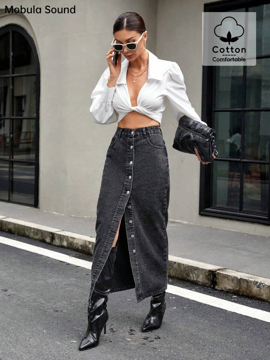 Mobula Sound 时尚夏季长款牛仔半身裙，纽扣细节设计，优雅开衩款式，适合音乐节，充满中东风情，女士休闲春季之选 - 深灰色 - 查看 1