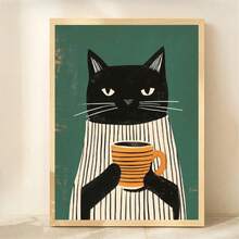 Vintage Minimalist Black Cat Cafe Canvas Art Decor, Green & White Stripes, Playful Cat Holding Coffee Cup, Suitable For Kitchen, Bedroom, Office And Cafe - High Quality Canvas Poster, Cat Decoration - Multicolor - View 7