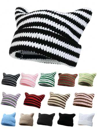 1pc Unisex Hand Knitted Cute Striped Cat Ear Beanie Hat, Autumn Winter Warm Ear Protective Handmade Striped Ski Mask Street Fashion Hip-Hop Couple Headwear