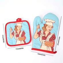 Heat Resistant Oven Gloves & Pot Holders, Cartoon Apron With Mom Pattern Microwave Gloves, Polyester & Cotton Padded Double-Layer Heat Insulation Gloves & Pads, Kitchen Cooking Microwave Oven Gloves & Mat Set