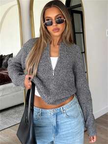 Suéter de punto de manga larga para mujer, suave y de corte holgado, nueva llegada de otoño/invierno - Gris - Ver 2