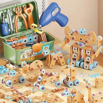儿童DIY拼装积木修理工具盒可拆装积木螺丝拧螺丝玩具手动拆装工具盒男孩智力动手玩具儿童智力科普益智玩具适合3-7岁儿童小工程师玩具男孩女孩玩具套装也可作为3-6岁儿童的生日、万圣节、圣诞节、返校礼物
