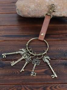 1 Set Magical Key, Gringotts Bank Vault Key With Medieval Vintage PU Leather Keychain, Halloween Cosplay Prop - D - View 15