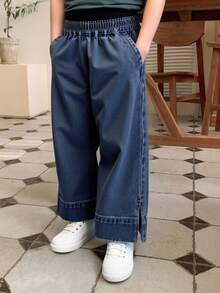 DAZY 年轻女孩松紧腰口袋阔腿宽松休闲百搭牛仔裤 - 深色水洗藍 - 查看 3