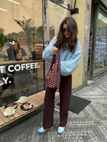 Senya 女士秋冬季浅蓝色圆领长袖针织衫，宽松休闲百搭落肩套头毛衣，女士冬季毛衣，新年 - 藍色 - 查看 5