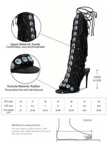 Women's Knee High Stiletto Boots With Gemstone Straps & Fringe Detail | Peep Toe Lace Up Heel Sandals For Fashion Bohemian - 黑色 - 查看 2