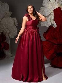 VIPGIRL Rochie de seară vișinie cu imprimeu floral, mărime mare, design cu crăpături, potrivită pentru ocazii formale precum baluri, nunți, gale, concursuri de rochii, cocktailuri, domnișoare de onoare, covor roșu - Rochie maxi elegantă, linie A - Burgundia - Vizualizare 4