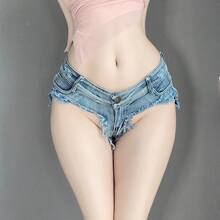 性感牛仔女郎内衣，高腰弹力毛边流苏牛仔短裤，镂空紧身性感牛仔短裤或胸部抹胸 - 藍色 - 查看 1