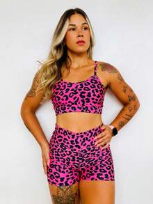 Fitness Set TOP AND SHORTS Short High Waist Gym - Pink - View 3