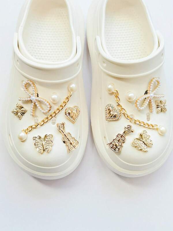 14pcs Crocodile Shoes Decor Set (Gold Bow, Gold Heart, Rhinestone Butterfly, Mini Violin, Gold ABS Pearl Chain) - Easy To Install Removable DIY Accessories For Customizing Mary Janes, Garden Shoes, Clogs, Sandals And Beach Bags. Perfect Gift For Festivals, Parties And Special Occasions