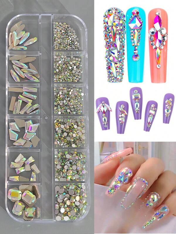 1 boîte de 12 grilles de diamants de formes fantaisistes à fond plat et de couleurs variées, notamment ronds, carrés, losanges, cônes et oblongs, pour les projets d'artisanat de bijoux d'ongles, les décorations d'ongles DIY, les pierres d'ongles et les fournitures d'art des ongles