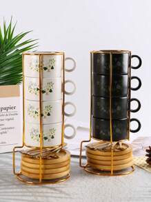 4pcs/Set Ceramic Marble Coffee Cup Set With Gold Stand, Including 4 Cups, 4 Saucers, 4 Spoons, Available In Turquoise Flower Design, 180ml Cappuccino/Latte Cups With Marble Pattern In Black Or White, Handled Espresso Cups
