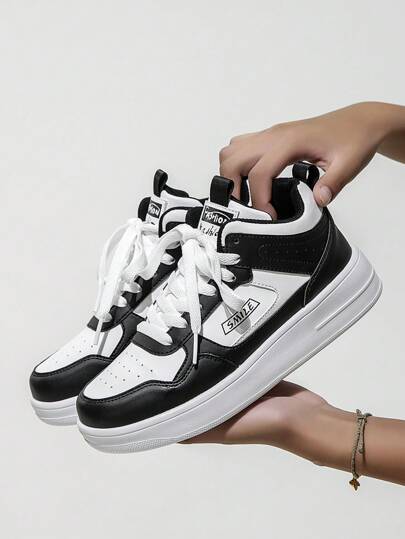 Women's Fashion Everyday Versatile Contrast Color Lace-Up Comfortable High-Top Sneakers, New Stylish Outdoor Walking Casual Sports Shoes
