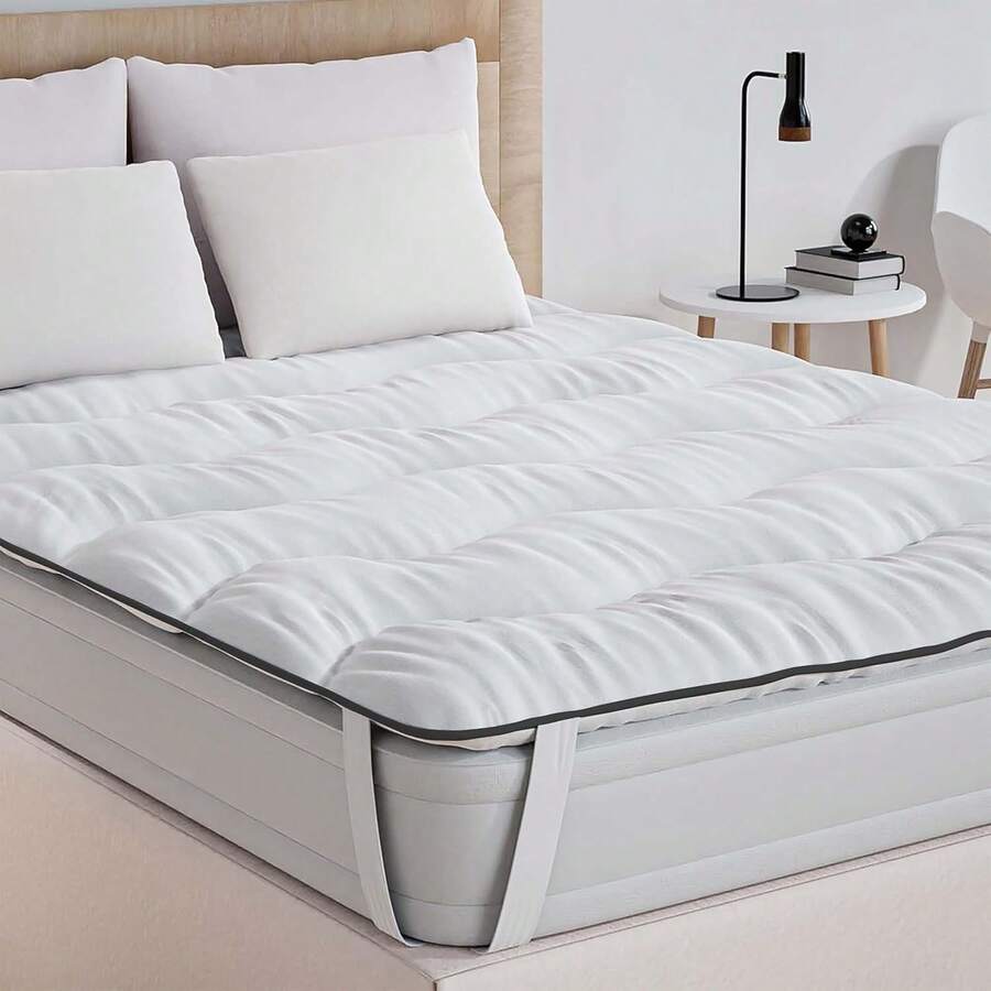 Soft, Breathable And Comfortable Mattress Topper With Ribbed Quilting And Non-Slip Straps On The Corners - White - View 1