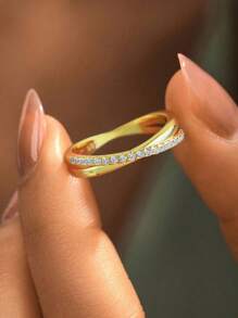 1 件镶钻双交叉戒指女士 S925 纯银镀白金戒指情人节精美女士珠宝日常佩戴礼物 - 兩層交叉戒指 - 查看 2