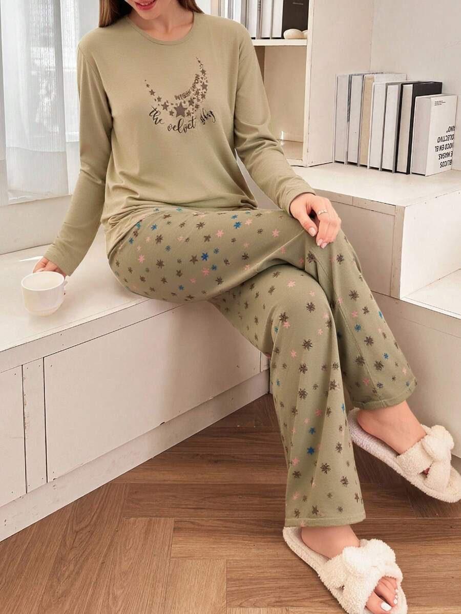 Mirano Slogan Print Short Sleeve Top & Cherry Pattern Long Pants Pajama Set - Brown - View 1
