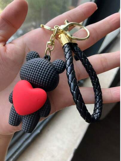 1 件女士粉色创意心形熊和兔子可爱毛绒钥匙扣，精致女友/情侣钥匙扣，手提包吊饰，汽车钥匙扣，日常使用卡通配饰