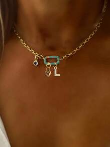 STYLEVER 1件装金色A-Z 26字母项链，绿松石钻石椭圆形扣链，搭配金色珠子项链和不锈钢链，独特优雅风格 - 金黃色 - 查看 11