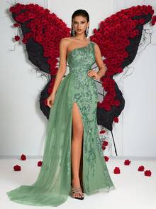 Elisanya Sequin Embroidered High Waist Long Chiffon Ribbon Backless Party Dress (Embroidery Placement Random) - Green - View 5